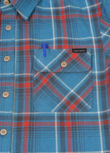 Close-up of the pocket of peacock blue men's rugged ridge burlyweight flannel shirt 