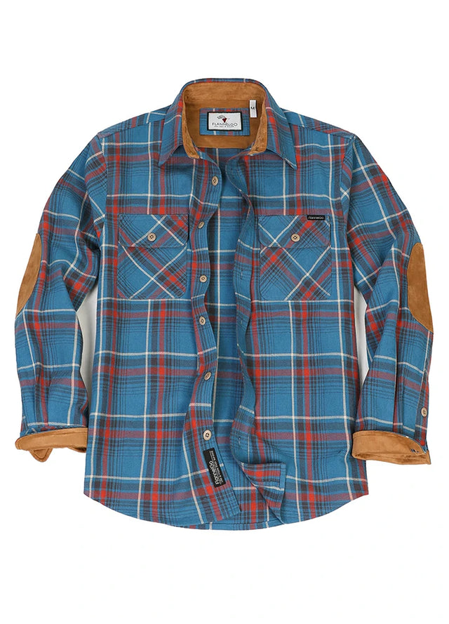 Front view of peacock blue men's rugged ridge flannel shirt 