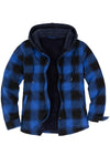  Front view of black blue men's hooded flannel plaid shirt jacket 