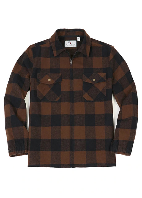 Front view of the zipper closed of men's warm zip up plaid jacket
