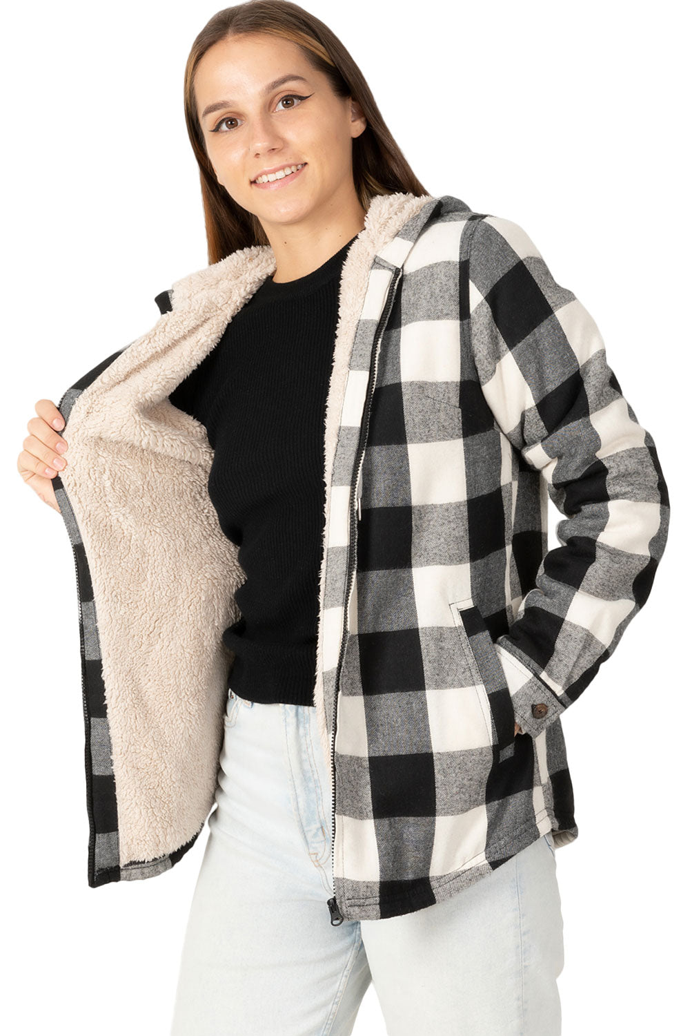 Women's Sherpa-Lined Flannel Hoodie, Full Zip Up