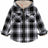 Front view of girls black white hooded flannel jacket