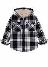 Front view of girls black white hooded flannel jacket