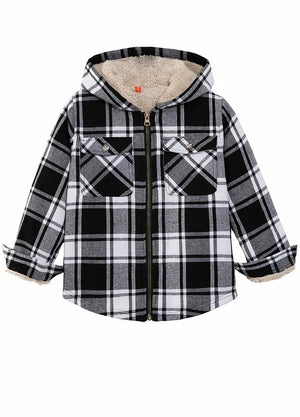 Front view of girls black white hooded flannel jacket