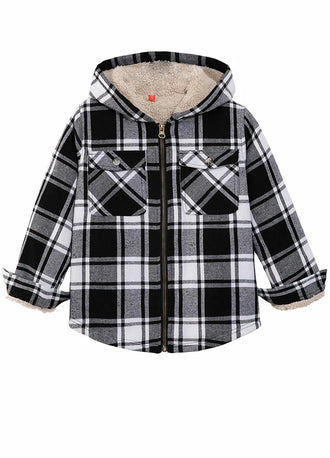 Front view of girls black white hooded flannel jacket