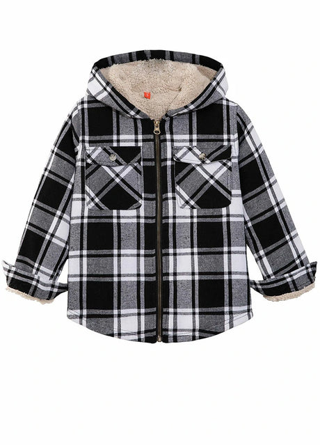 Front view of girls black white hooded flannel jacket