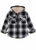 Front view of girls black white hooded flannel jacket