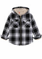 Front view of girls black white hooded flannel jacket