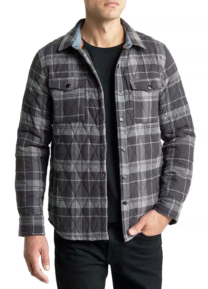 Men's Quilt Lined Plaid Jacket,Snap Button Shacket