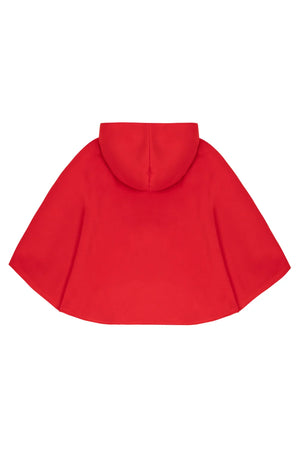 Back view of kids red reversible hooded wool blend cape
