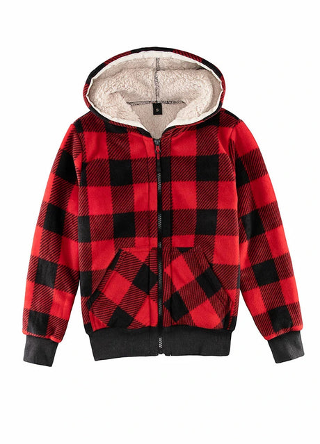 Front view of kids red sherpa lined hooded sweatshirt jacket