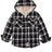 Front view of girls grey white plaid hooded flannel shirt jacket