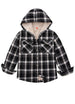 Front view of girls grey white plaid hooded flannel shirt jacket