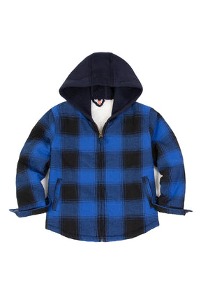 Front view of blue toddler full zip plaid flannel hooded-XR187KQL02T,XR187KQL03T,XR187KQL04T,XR187KQL05T