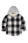 Front view of black and white toddler full zip plaid flannel hooded