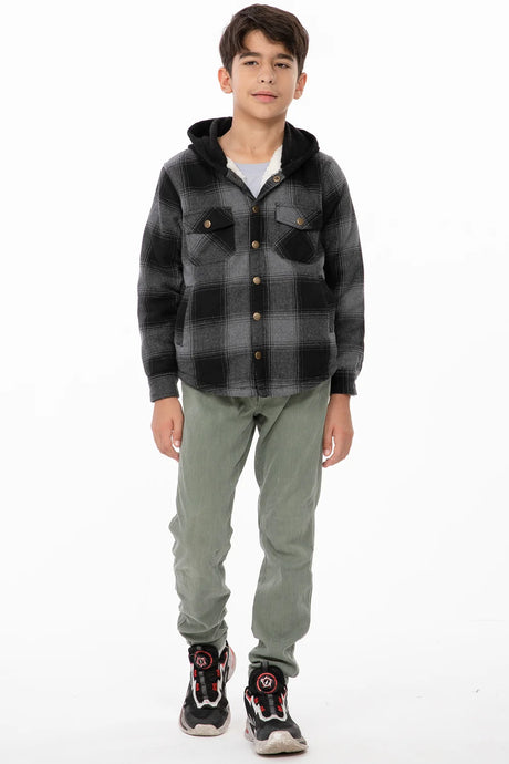 Boy in kids buffalo grey hooded flannel jacket 