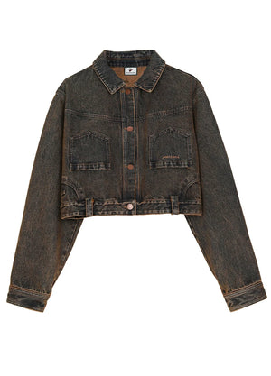 Women's Vintage Aged Wash Iron Rust Cropped Denim Jacket