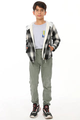 Boy in kids black white hooded plaid flannel jacket