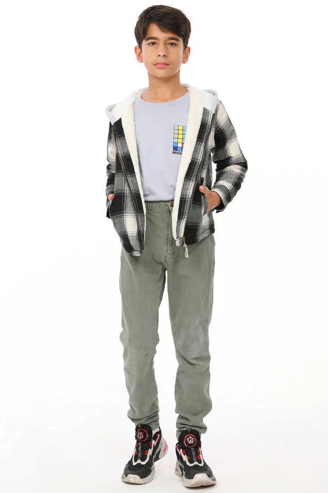 Boy in kids black white hooded plaid flannel jacket