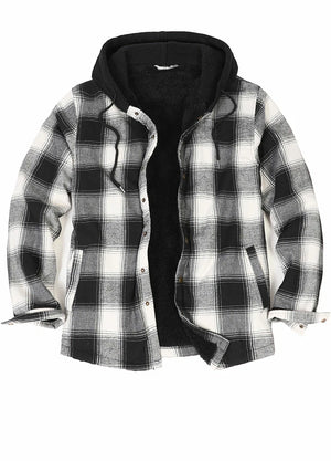 Front view of black white men's flannel jacket with hood-XR185HM0S,XR185HM0M,XR185HM0L,XR185HM0XL,XR185HM0XXL