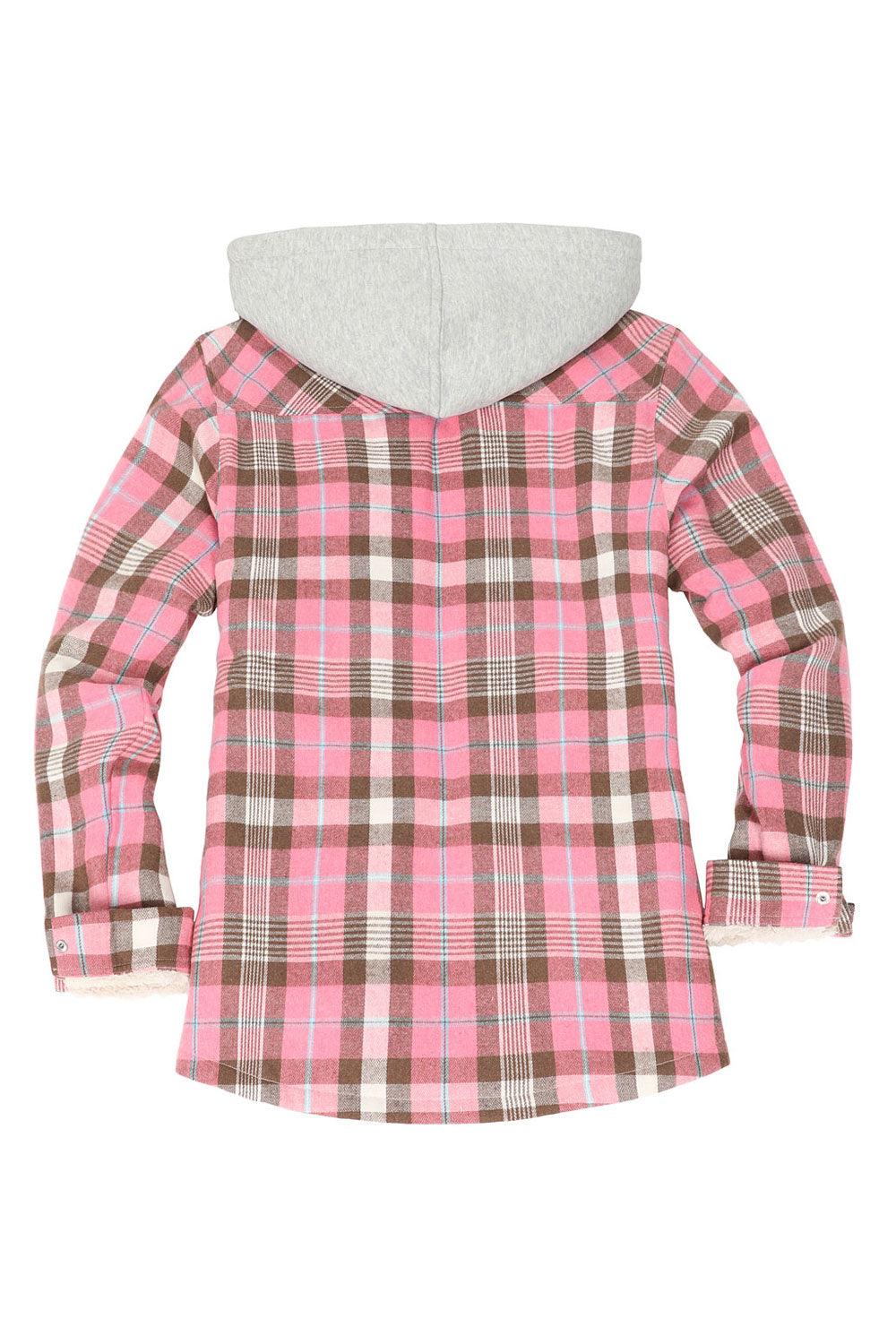 Women's Sherpa-Lined Snap Button Flannel Jacket with Fleece Hood-Pink