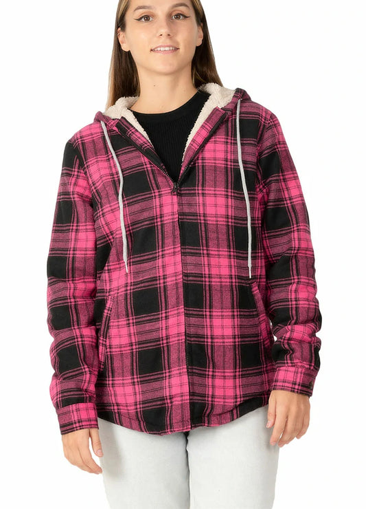 Women's Sherpa-Lined Flannel Jacket Full Zip Up Hooded Plaid Shirt