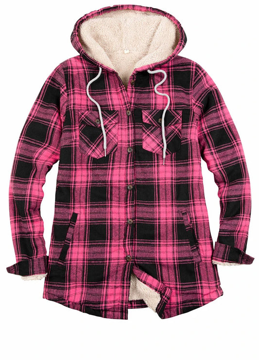 Women's Matching Family Sherpa Lined Pink Flannel Jacket with Hood