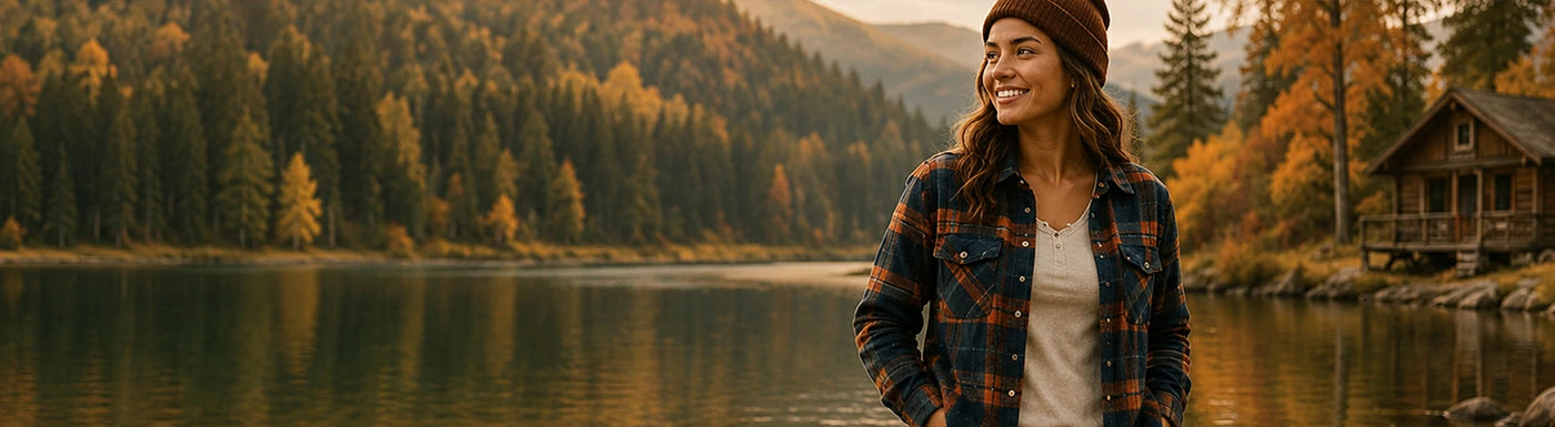 A woman wearing a brown knit beanie and a blue and orange plaid flannel shirt stands by a calm lake with autumn trees and a cabin in the background.