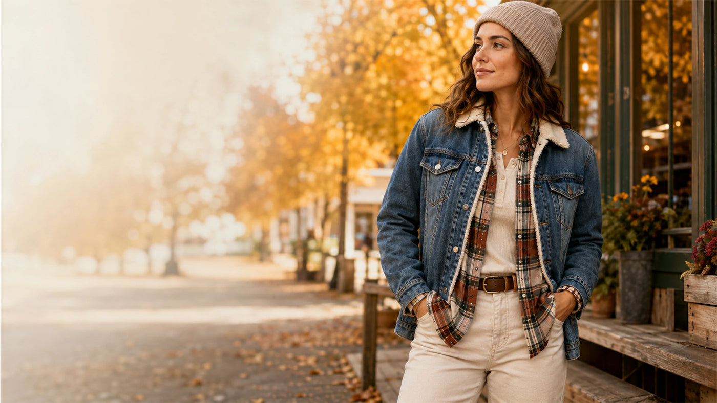 A woman stands on a sunlit street beside a storefront, wearing a beige knit beanie, blue denim jacket with a shearling-style collar, a plaid flannel shirt, cream pants, and a brown belt.