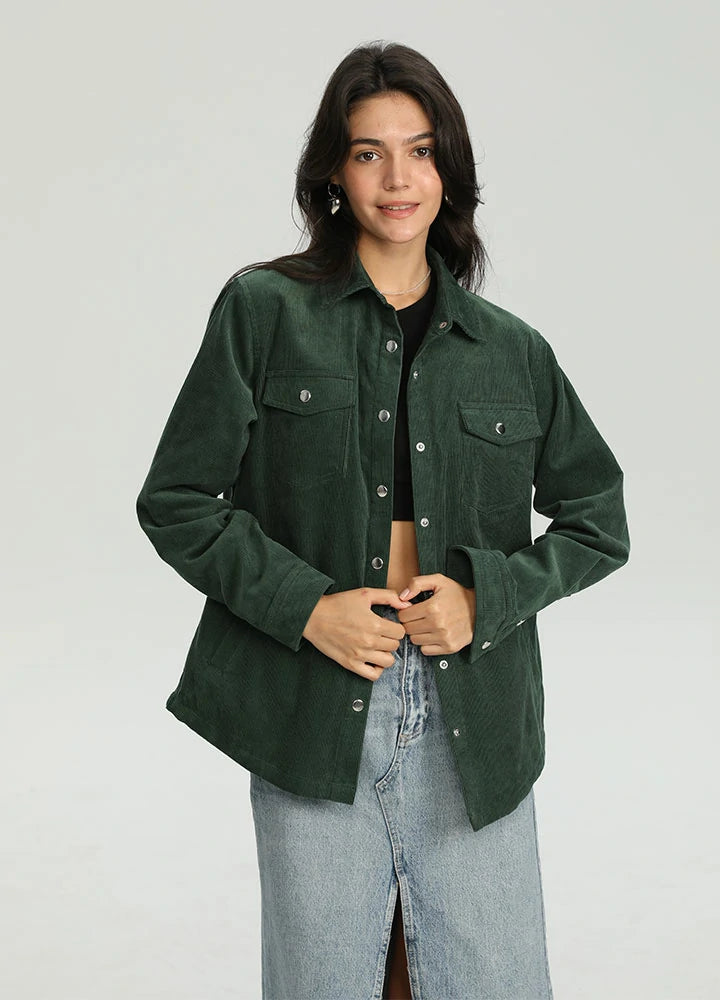 Women's Boyfriend Fit Flannel-Lined Long-Sleeve Corduroy Shirt Jacket