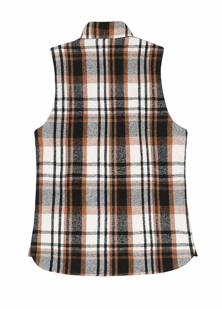 Women's Sherpa Lined Plaid Vest,Snap Button and Zipper Closure