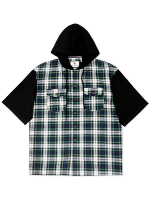 Front view of a green and blue men's hooded plaid flannel shirt 