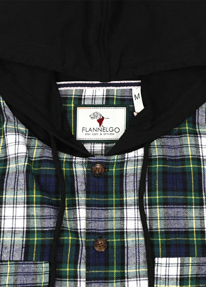 Close-up of the hood of the green and blue men's hooded plaid flannel shirt 