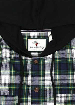Close-up of the hood of the green and blue men's hooded plaid flannel shirt 