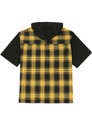 Vintage Hooded Plaid Flannel Shirt - Streetwear Short Sleeve Hoodie