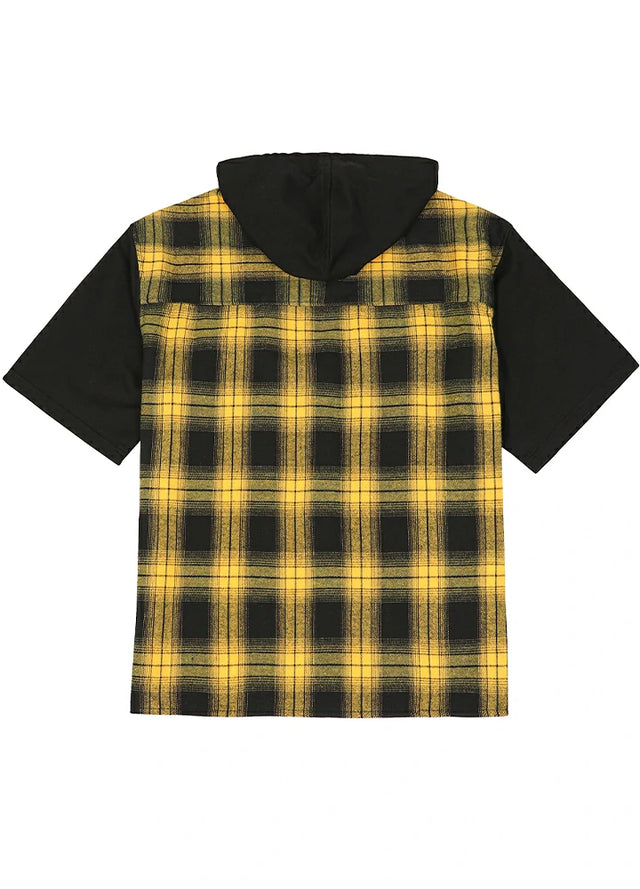 Vintage Hooded Plaid Flannel Shirt - Streetwear Short Sleeve Hoodie