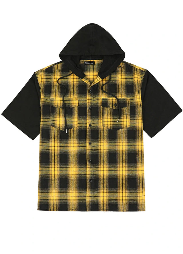 Vintage Hooded Plaid Flannel Shirt - Streetwear Short Sleeve Hoodie