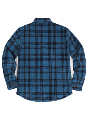 Back view of a blue and gray men's classic fleece lined shirt jacket 