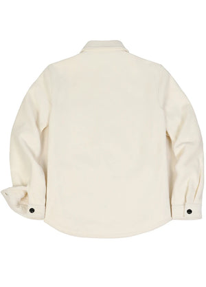 Back view of a solid white men's warm button up fleece shirt jacket