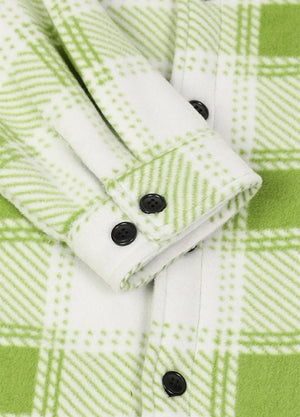 Close up of the cuff of the green white cozy men's plaid shirt jacket
