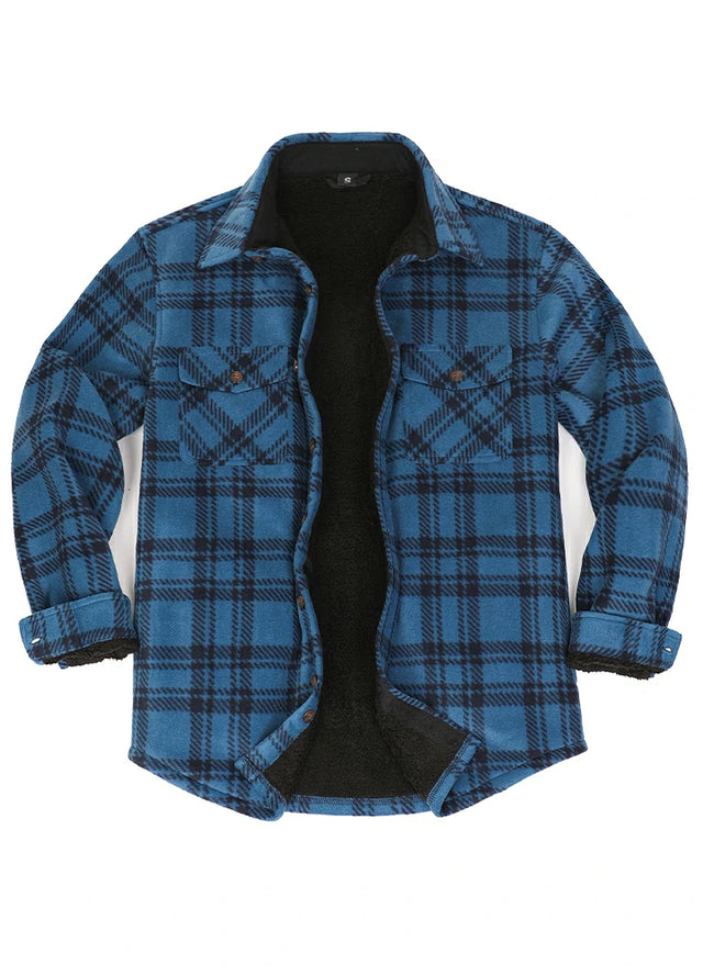 Front view of a blue and gray men's fleece lined shirt jacket 