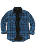 Front view of a blue and gray men's fleece lined shirt jacket 