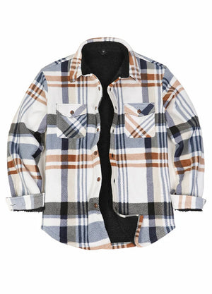 Front view of the white and blue fleece lined shacket for men