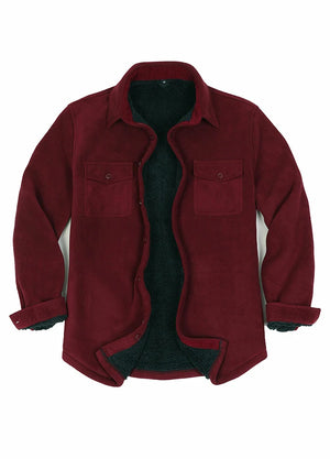 Front view of dark red men's button up sherpa lined jacket 