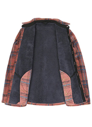 Front view of the lininig of red and blue cozy men's sherpa lined shirt jacket