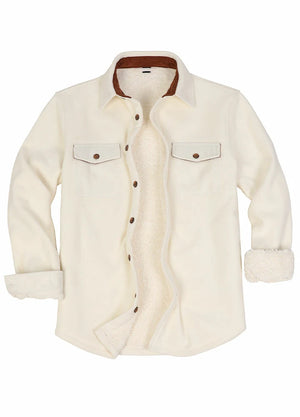 Front view of a men's white fleece lined shacket