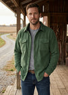 Lifestyle view of a man wearing army green men's warm sherpa lined fleece shirt jacket-XR101AG-S,XR101AG-M,XR101AG-L,XR101AG-XL,XR101AG-XXL,XR101AG-3XL