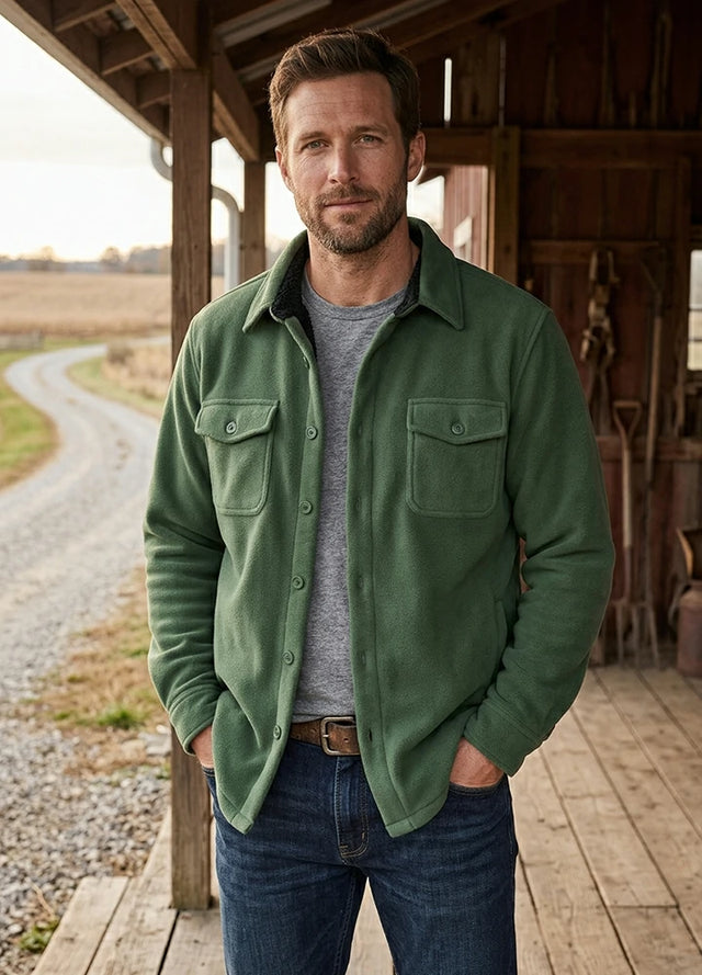 Lifestyle view of a man wearing army green men's warm sherpa lined fleece shirt jacket-XR101AG-S,XR101AG-M,XR101AG-L,XR101AG-XL,XR101AG-XXL,XR101AG-3XL
