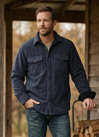 Front view of a man in a twill grey men's sherpa fleece lined shirt jacket carrying a crossbody bag-XR101XWG0S,XR101XWG0M,XR101XWG0L,XR101XWG0XL,XR101XWG0XXL,XR101XWG03XL