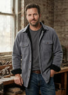 Lifestyle view of a man wearing twill light grey men's warm sherpa lined fleece shirt jacket-XR101XWQG0S,XR101XWQG0M,XR101XWQG0L,XR101XWQG0XL,XR101XWQG0XXL,XR101XWQG03XL
